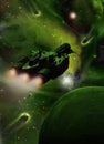 Spaceship into green nebula