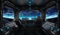 Spaceship grunge interior with view on planet Earth Royalty Free Stock Photo