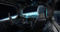 Spaceship grunge interior with view on planet Earth Royalty Free Stock Photo