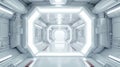 Spaceship hallway interior background, light white corridor inside starship or space station. Perspective view of futuristic room Royalty Free Stock Photo