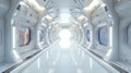 Spaceship hallway interior background, white corridor in starship or space station with control panels. Perspective inside room of Royalty Free Stock Photo