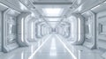 Spaceship hallway interior background, white corridor in starship or space station with control panels. Perspective inside room of Royalty Free Stock Photo