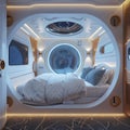 Spaceship Hotel Interior with Panoramic Window Futuristic Capsule Hostel Bedroom, Copy Space