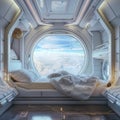 Spaceship Hotel Interior with Panoramic Window Futuristic Capsule Hostel Bedroom, Copy Space