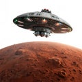 Spaceship hovering over red planet isolated on white background