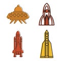 Spaceship icon set, color outline style Royalty Free Stock Photo