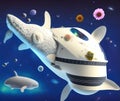 Spaceship on Infinite Improbability Drive with Whale and Flower, Generative AI Illustration