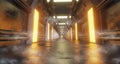 Spaceship interior architecture corridor,modern futuristic Sci Fi space,metal floor and light panels,orange neon glowing light and Royalty Free Stock Photo