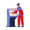 Spaceship interior in flat illustration, astronaut in front of control panel