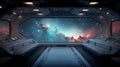 Spaceship interior observation deck with galaxy view through panoramic windows Royalty Free Stock Photo