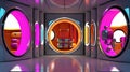 Spaceship or lab interior in retro futuristic sci-fi style with round doors.