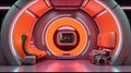 Spaceship or lab interior in retro futuristic sci-fi style with round doors.