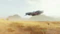 A spaceship lands on a deserted dust alien planet. Concept on space theme. 3D Rendering