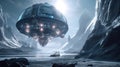 Spaceship lands on planet in snowy mountains. Scientific and technical future. AI generated.