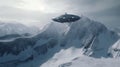 Spaceship lands on planet in snowy mountains. Scientific and technical future. AI generated.