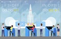 Spaceship launch countdown flat vector illustration. Ground control center workers, engineers team controlling launch