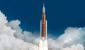 Spaceship launch from Earth in sky. Mission to Moon. Return to Moon. SLS space rocket. Orion spacecraft. Artemis space program to Royalty Free Stock Photo