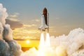 Spaceship lift off. Space shuttle with smoke and blast takes off into space on a background of sunset.