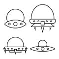 Spaceship line icons set. Cute cartoon spaceships. Funny UFO. Vector