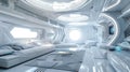 Spaceship living room interior, bright white hall in starship or futuristic tourist ship. Inside large cabin in spacecraft. Royalty Free Stock Photo