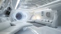 Spaceship living room interior, white hall in starship or futuristic tourist ship. Inside large cabin in spacecraft. Concept of