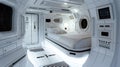 Spaceship living room white interior, design of habitat in starship or home on alien planet. Inside futuristic spacecraft,