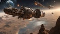 spaceship and moon _A steampunk space battle in outer space over the planet space battle is a clash between good and evil