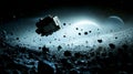 Spaceship Navigating an Asteroid Field Near a Planet