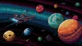Spaceship navigating through a colorful pixelated space scene with multiple Royalty Free Stock Photo
