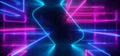 Spaceship Neon Glowing Lights Laser Shapes Beam Purple Blue Vibrant Retro Modern Futuristic Sci Fi Night Club Scene Tunnel
