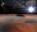 Spaceship on the orbit above Mars surface
