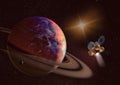 Spaceship on orbit of the Saturn planet. Exploration of the space. Sci-fi wallaper. Royalty Free Stock Photo