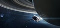 Spaceship on orbit of the Saturn planet.