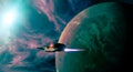 Spaceship orbiting around a planet in another galaxy. Exoplanets and worlds of other dimensions. Sci-fi