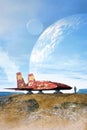 Spaceship on a planet and moons Royalty Free Stock Photo