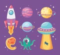 Spaceship planet ufo asteroid and alien space galaxy astronomy cartoon