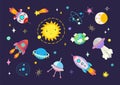 Spaceship and planets. Moon earth in scandinavian cartoon style, meteorite and comets. Rocket, doodle stars and Royalty Free Stock Photo