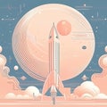 spaceship poster graphic in retro futurism style. Mars, lunar and space mission design with space rocket Royalty Free Stock Photo