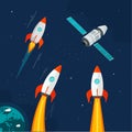 Spaceship rocket and cosmic satellite vehicle set in outer space vector cartoon comic flat illustration, galaxy ships Royalty Free Stock Photo