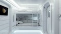 Spaceship room with bunk bed, design of white habitat in spacecraft. Futuristic living compartment interior. Concept of space,