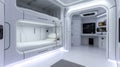 Spaceship room with bunk bed and kitchen, design of habitat in starship or home on planet. Inside futuristic spacecraft, living