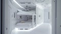 Spaceship room interior, design of small white habitat with bunk bed in spacecraft. Futuristic living compartment. Concept of