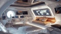 Spaceship room interior, design of white habitat with computer screens and map in spacecraft. Futuristic living compartment.
