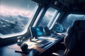 Spaceship room interior, space view from spacecraft office, generative AI Royalty Free Stock Photo