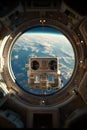 spaceship round window with sunrise over planet view, space station porthole illuminator with planetary sunset view Royalty Free Stock Photo