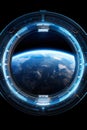 spaceship round window with sunrise over planet view, space station porthole illuminator with planetary sunset view Royalty Free Stock Photo