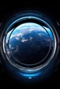 spaceship round window with sunrise over planet view, space station porthole illuminator with planetary sunset view Royalty Free Stock Photo