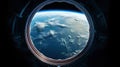 spaceship round window with sunrise over planet view, space station porthole illuminator with planetary sunset view Royalty Free Stock Photo