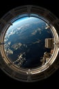 spaceship round window with sunrise over planet view, space station porthole illuminator with planetary sunset view Royalty Free Stock Photo