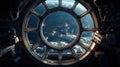 spaceship round window with sunrise over planet view, space station porthole illuminator with planetary sunset view Royalty Free Stock Photo